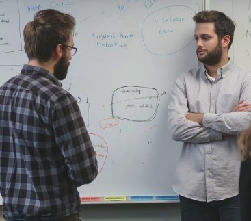 Two reviewers discussing risk notes on a whiteboard